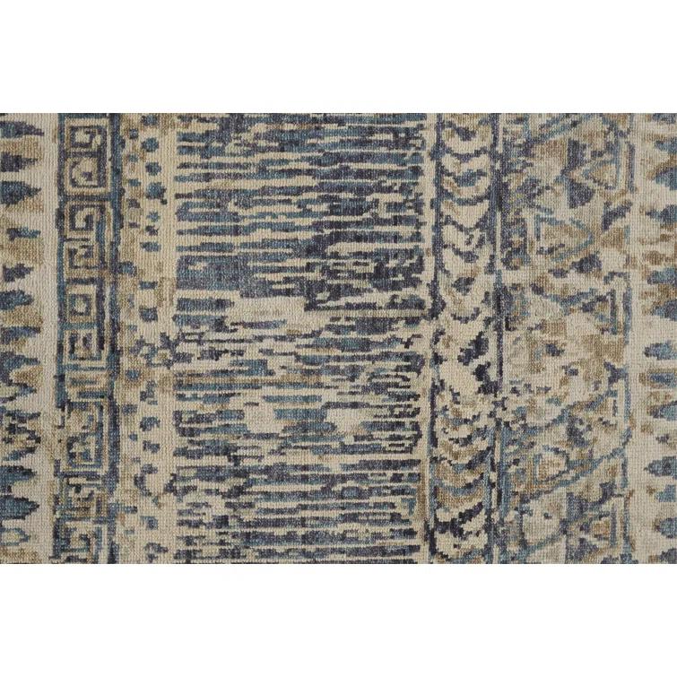 Ivory and Denim Blue Hand-Knotted Wool Abstract Rug