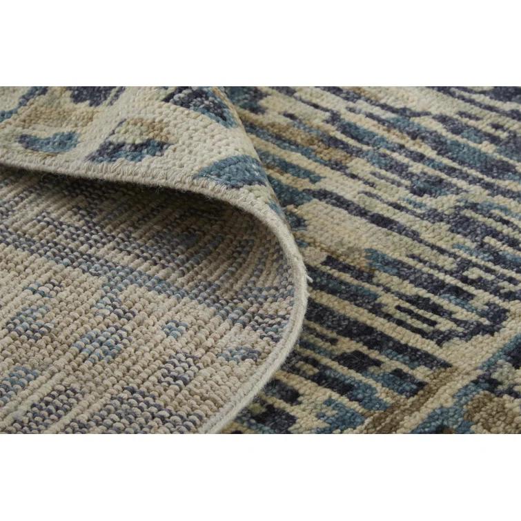 Ivory and Denim Blue Hand-Knotted Wool Abstract Rug