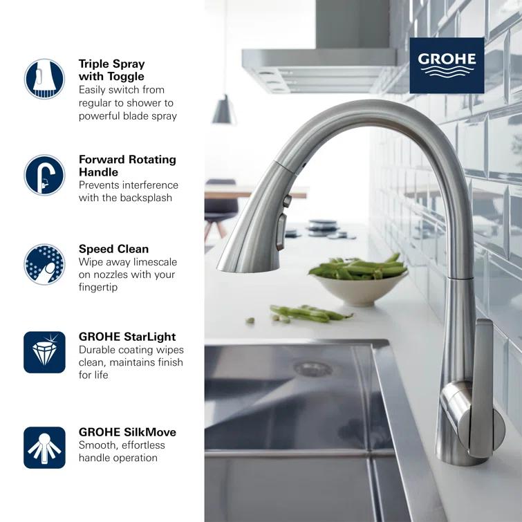 ZEDRA Single-Handle Pull Down Kitchen Faucet Triple Spray 1.75 GPM