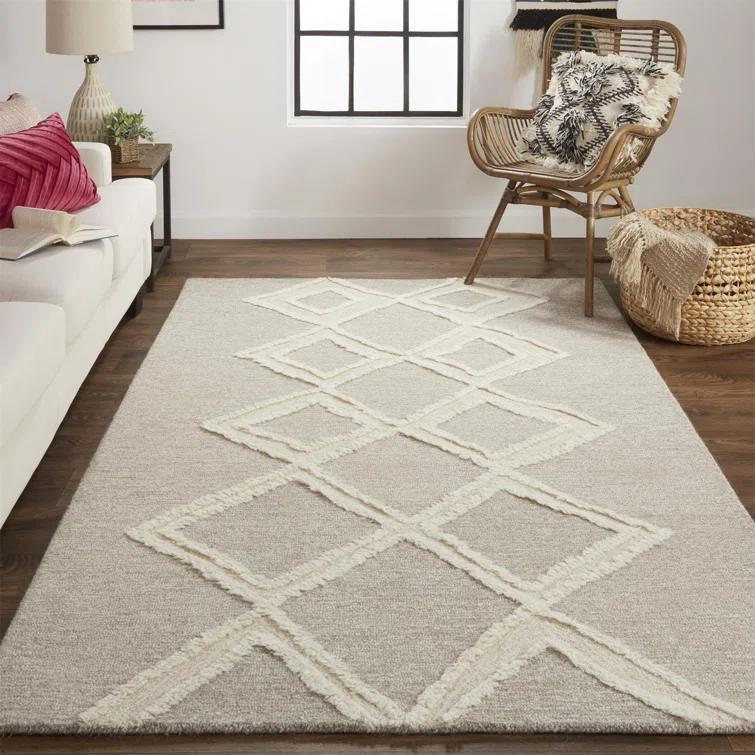 Ivory and Brown Geometric Wool Handmade Area Rug