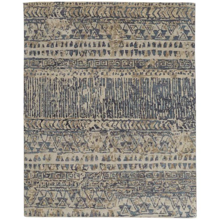 Ivory and Denim Blue Hand-Knotted Wool Abstract Rug