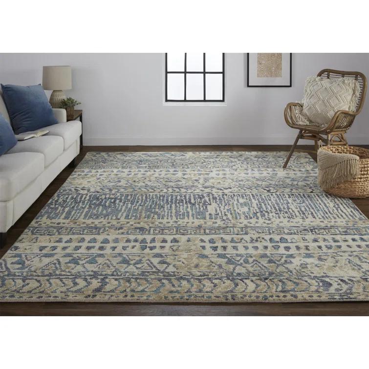 Ivory and Denim Blue Hand-Knotted Wool Abstract Rug