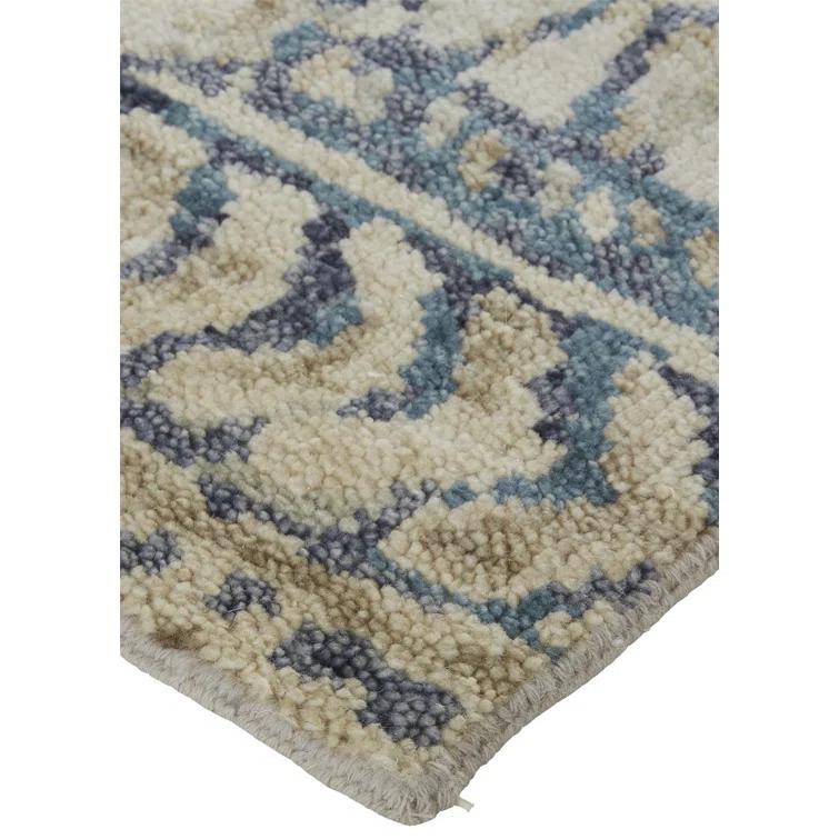 Ivory and Denim Blue Hand-Knotted Wool Abstract Rug