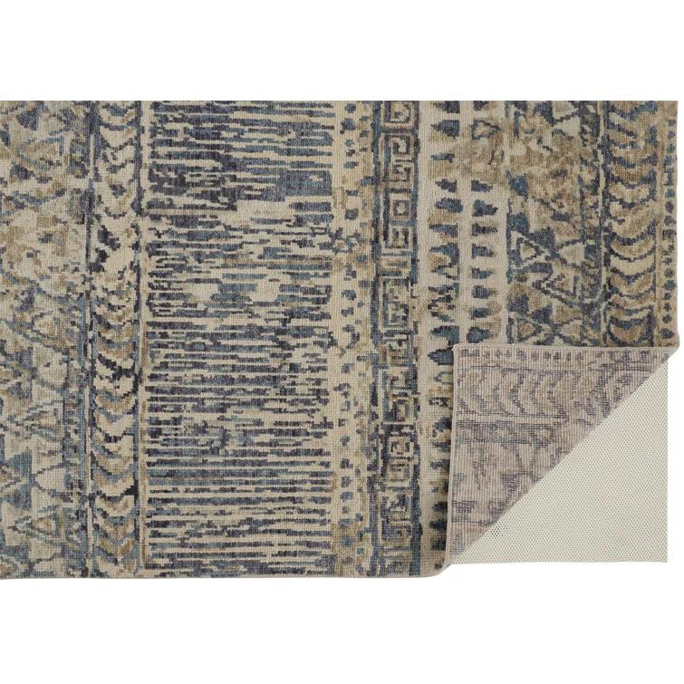 Ivory and Denim Blue Hand-Knotted Wool Abstract Rug