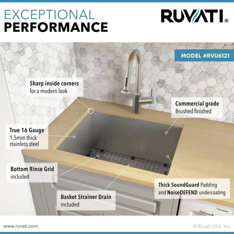 Ruvati 21" x 18" x 12" Deep Laundry Utility Sink Undermount 16 Gauge Stainless Steel
