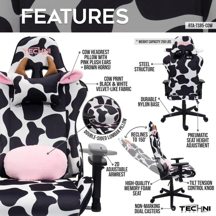 Ts85 Cow Print Luxx Series Gaming Chair Cow - Techni Sport: Velvet Upholstery, Memory Foam, Adjustable
