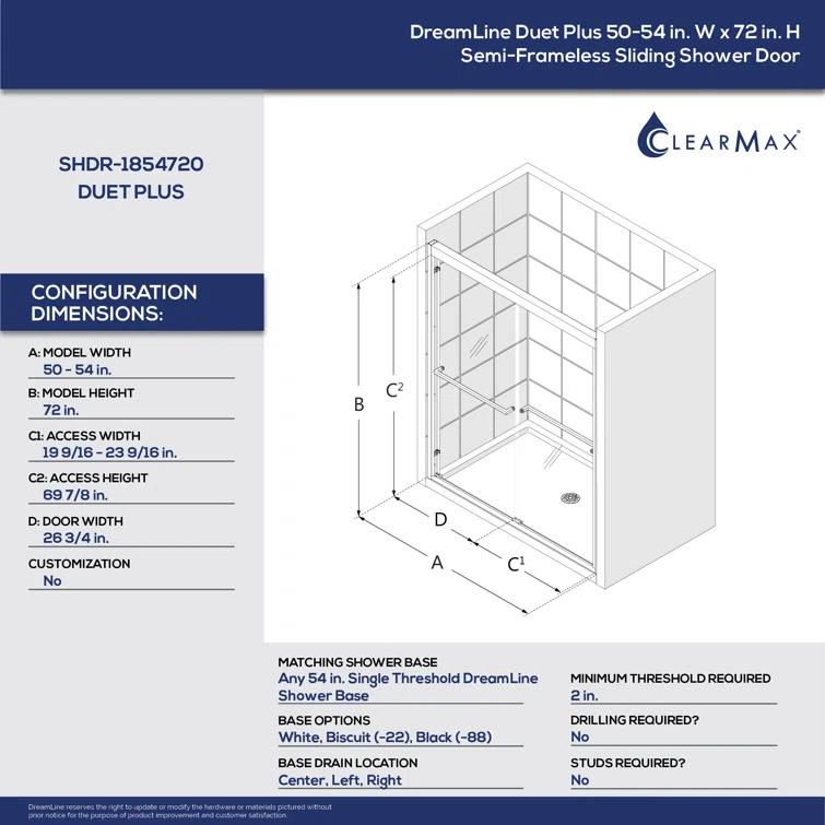 Duet Plus 50" - 54" W x 72" H Double Sliding Semi-Frameless Shower Door