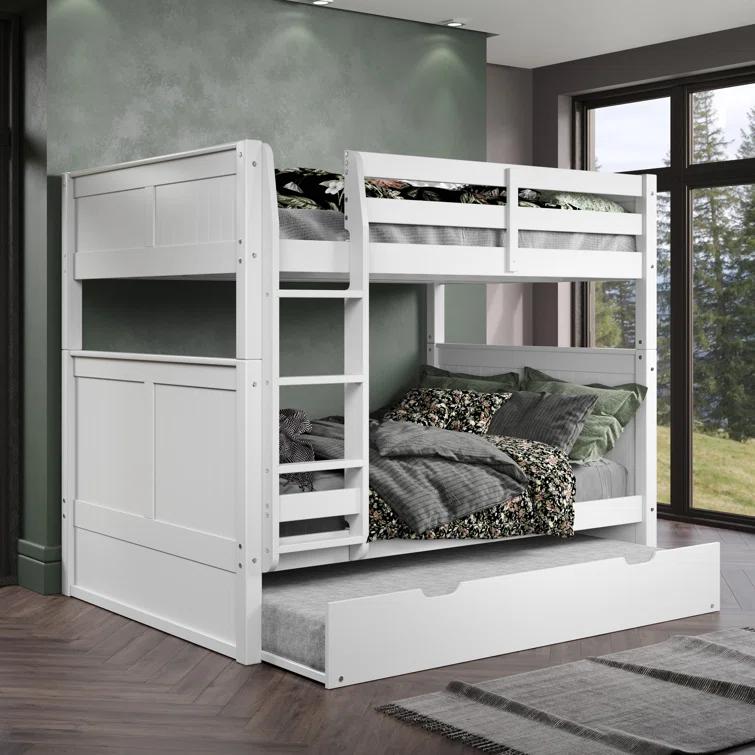White Full Over Full Bunk Bed with Twin Trundle and Panel Headboard