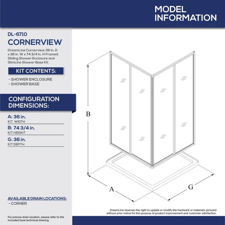 DreamLine Cornerview 36 in. D x 36 in. W x 74 3/4 in. H Framed Sliding Shower Enclosure