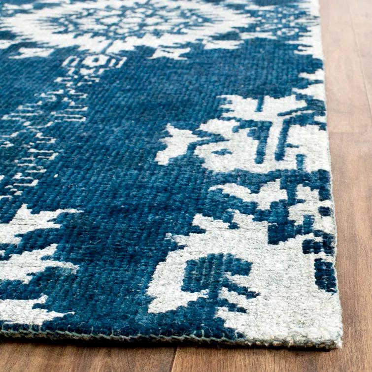 Stone Wash Hand Knotted Wool/Viscose/Cotton Ikat Rug in Indigo