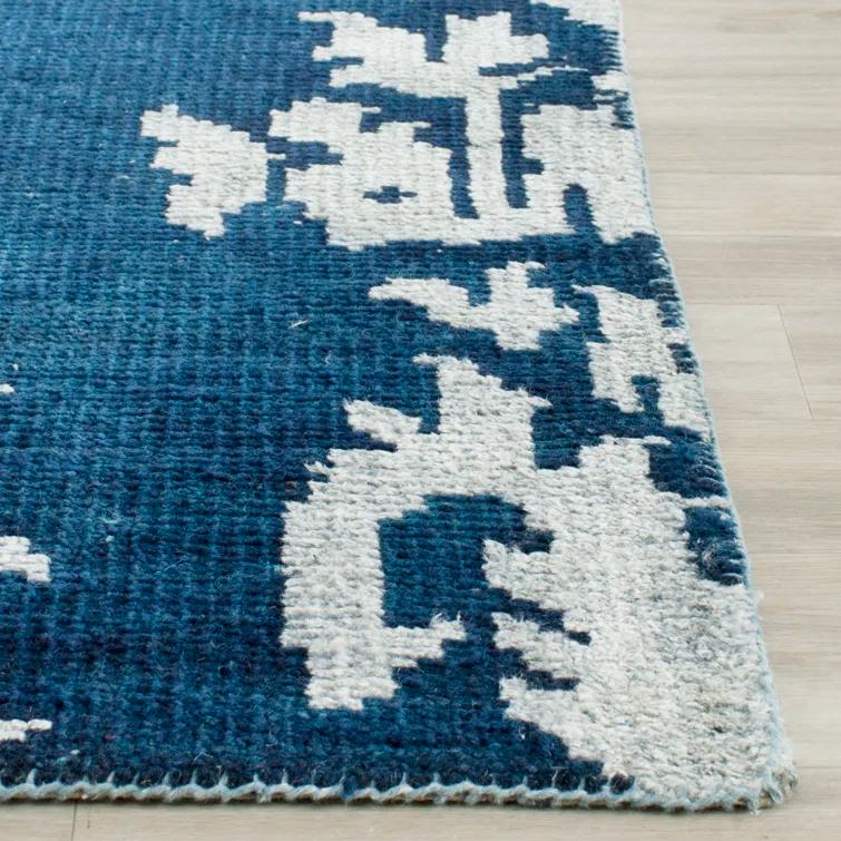 Stone Wash Hand Knotted Wool/Viscose/Cotton Ikat Rug in Indigo