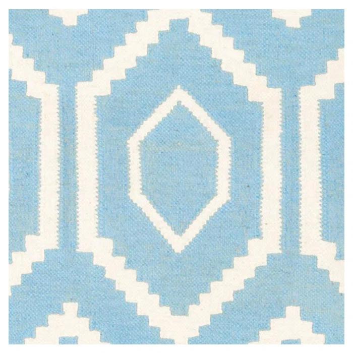 Dhurries Hand Woven Flat Weave Wool/Cotton Geometric Rug in Ivory/Blue