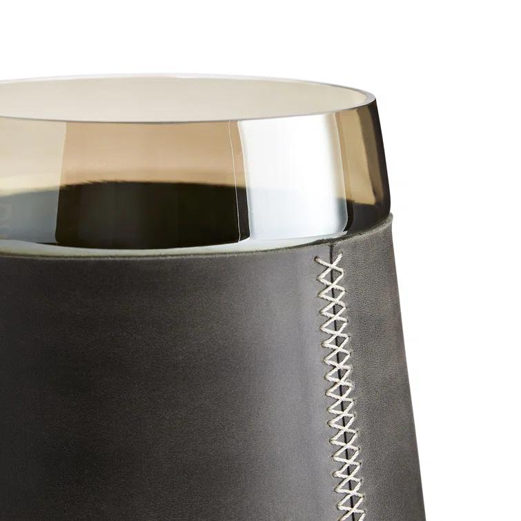 Duncan Graphite Leather & Smoke Glass Hurricane Candle Holder 10"x8"