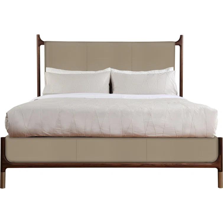 Queen Walnut and Beige Upholstered Wood Bed with Headboard