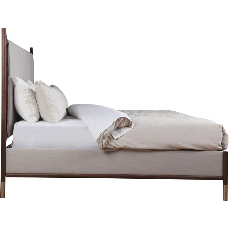Queen Walnut and Beige Upholstered Wood Bed with Headboard