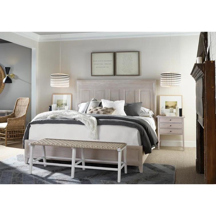 Transitional Buttermilk Oak Queen Panel Bed with Slats and Headboard