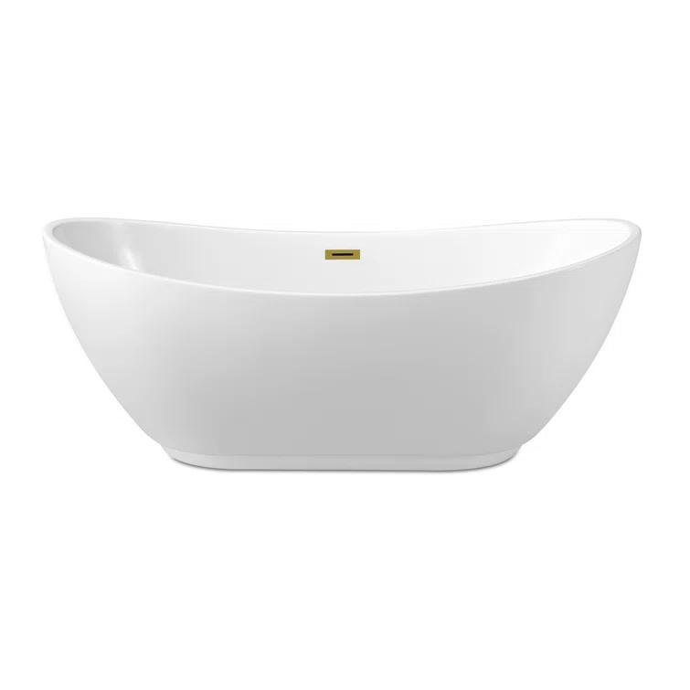 Streamline Bath 62" Streamline Freestanding Soaking Acrylic Bathtub With Drain and Bamboo Tray N580GLD