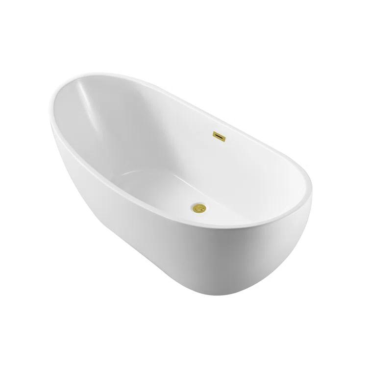 Streamline Bath 62" Streamline Freestanding Soaking Acrylic Bathtub With Drain and Bamboo Tray N580GLD
