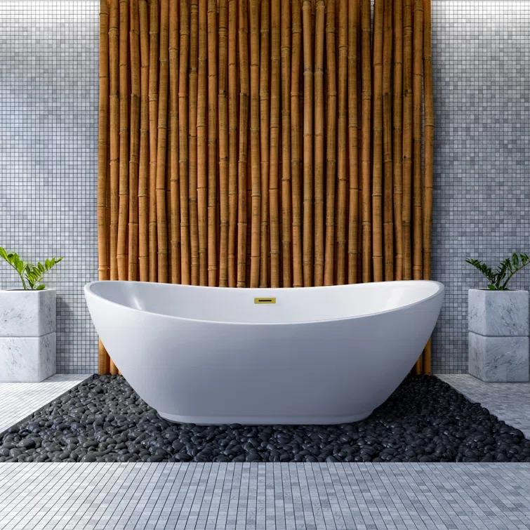 Streamline Bath 62" Streamline Freestanding Soaking Acrylic Bathtub With Drain and Bamboo Tray N580GLD