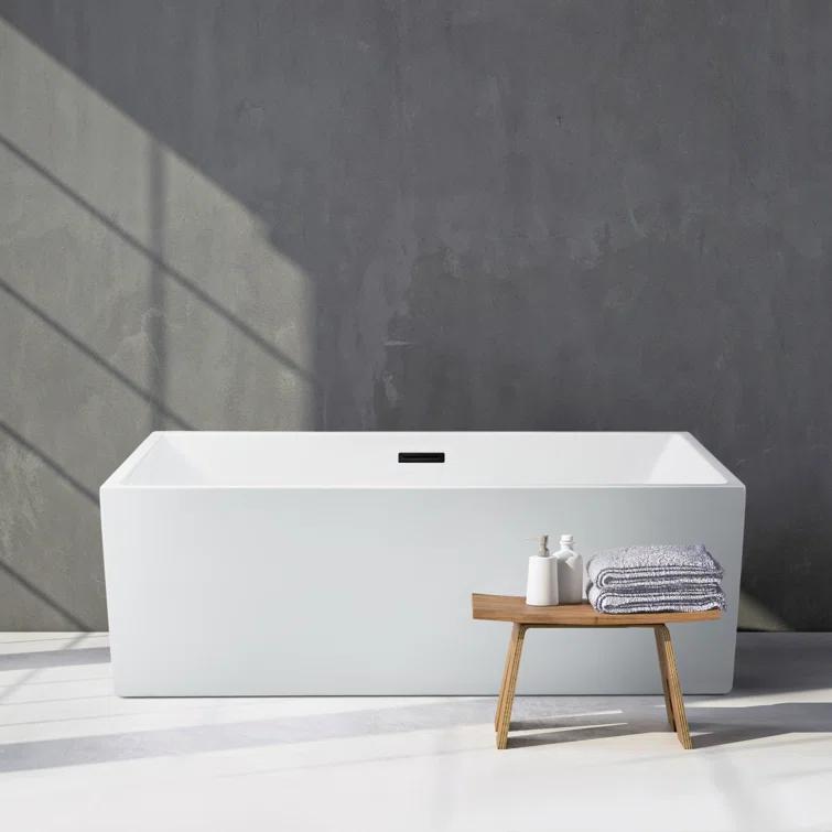 66" Streamline Freestanding Soaking Acrylic Bathtub With Drain and Bamboo Tray