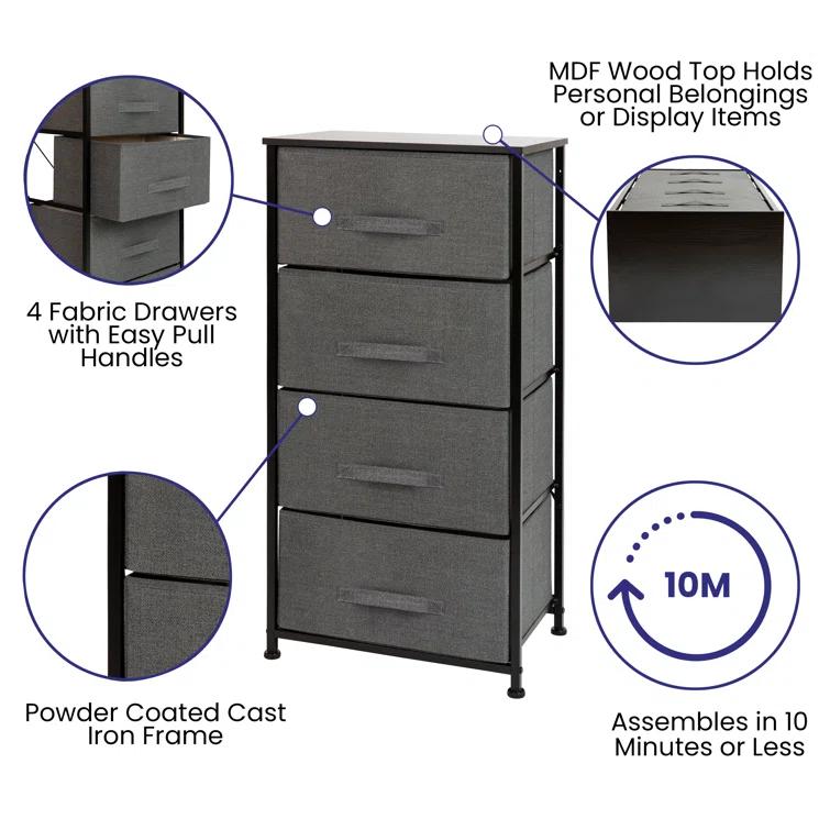 Flash Furniture Malone 4 Drawer Vertical Storage Dresser with Wood Top & Fabric Pull Drawers