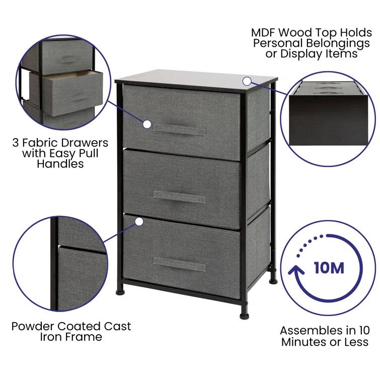 Flash Furniture Malone 3 Drawer Vertical Storage Dresser with Wood Top & Fabric Pull Drawers