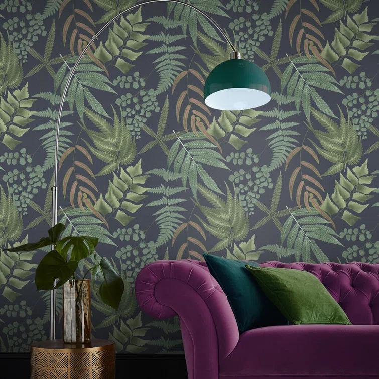 Midsummer Fern Navy Blue and Green Tropical Leaves Paste the Wall Wallpaper