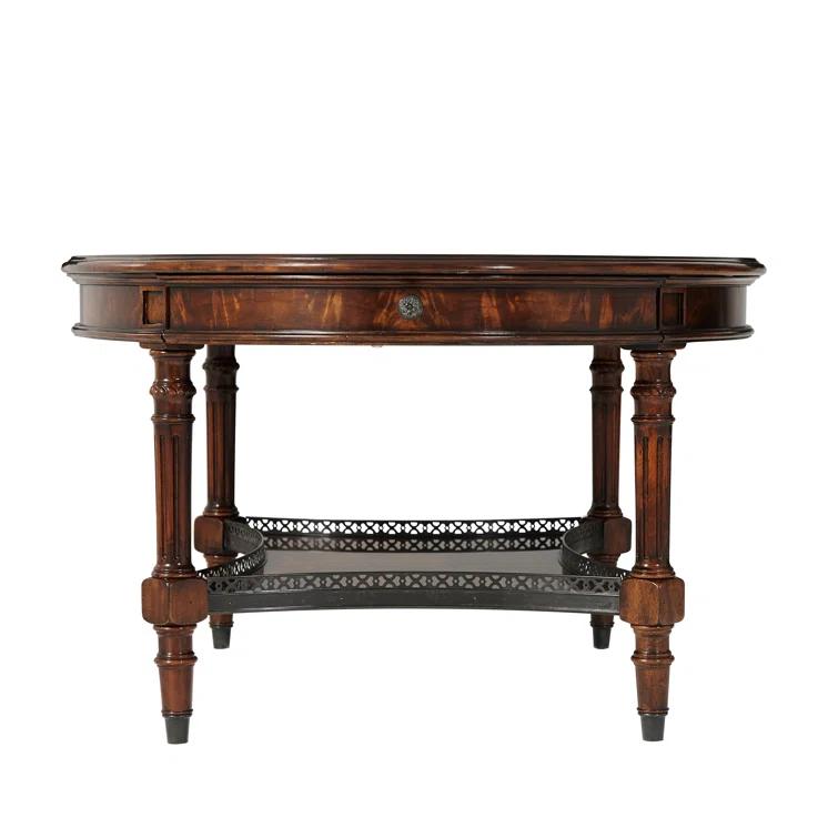 Oval Mahogany Wood Coffee Table with Storage and Brass Handles
