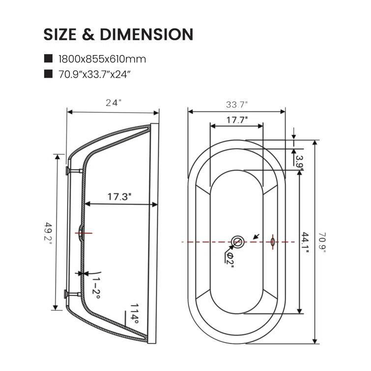 71" x 34" Freestanding Soaking Bathtub