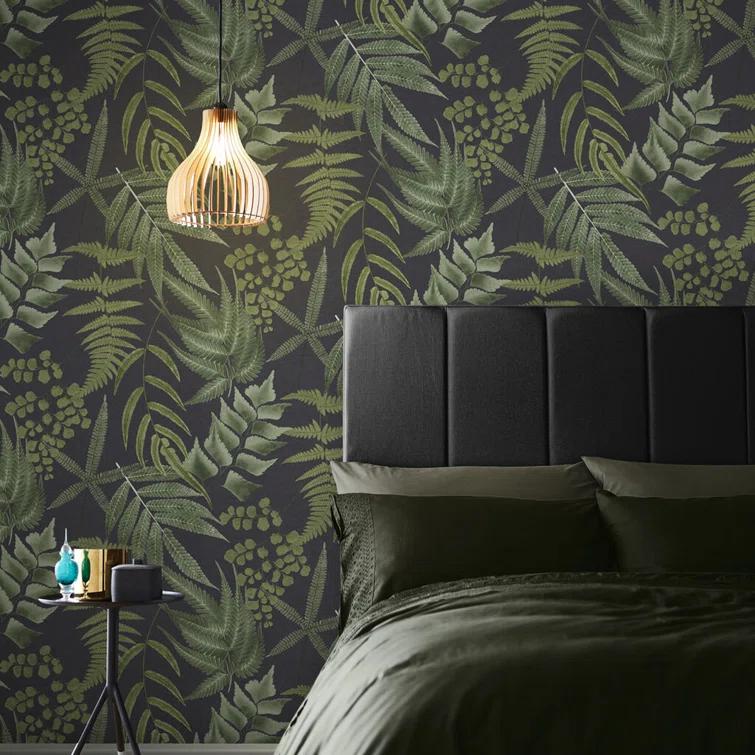 Midsummer Fern Black and Green Tropical Leaves Paste the Wall Wallpaper