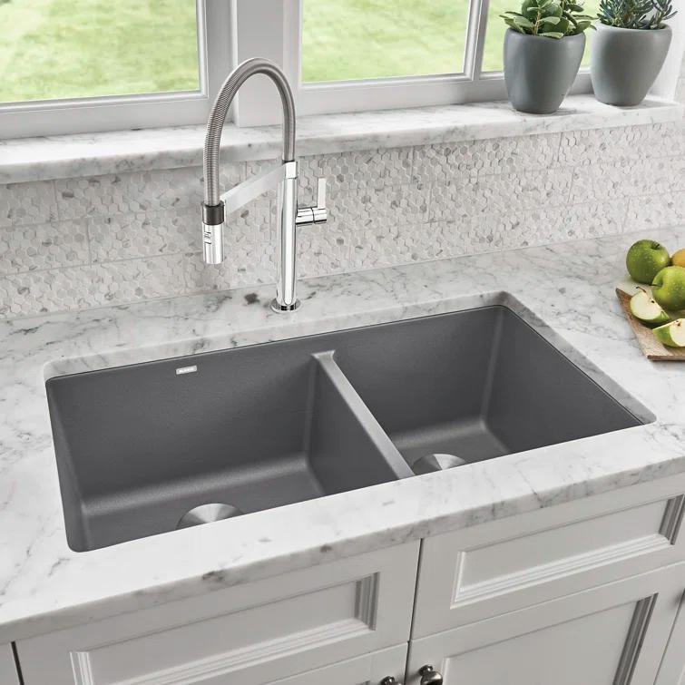 Precis SILGRANIT 33" L X 18" W Double Bowl Undermount Kitchen Sink