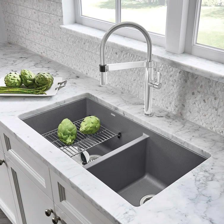 Precis SILGRANIT 33" L X 18" W Double Bowl Undermount Kitchen Sink