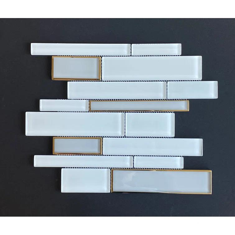 Randow Sized White Glass with Gold Glazed Glass Linear Mosaic Wall Tile
