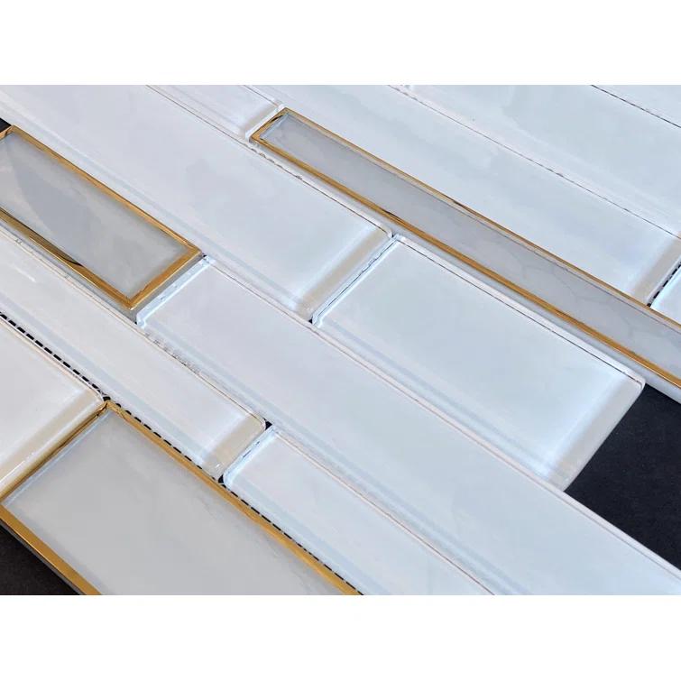 Randow Sized White Glass with Gold Glazed Glass Linear Mosaic Wall Tile