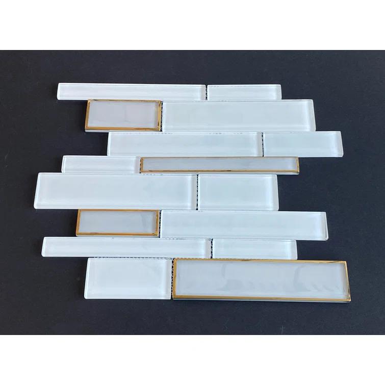 Randow Sized White Glass with Gold Glazed Glass Linear Mosaic Wall Tile
