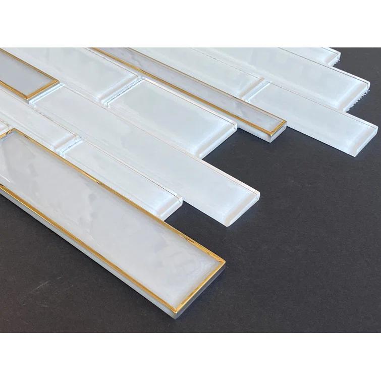 Randow Sized White Glass with Gold Glazed Glass Linear Mosaic Wall Tile