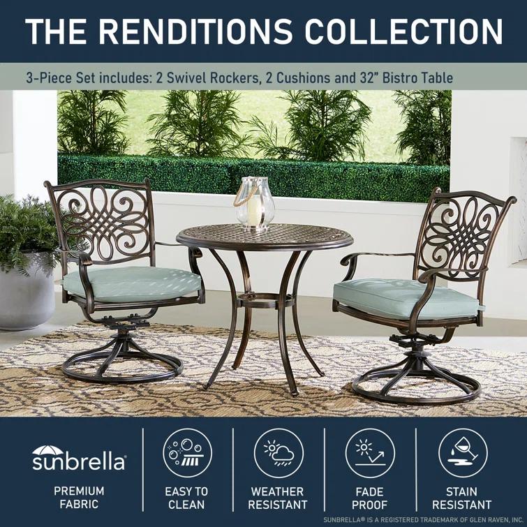 Renditions 3-Piece Set with 2 Swivel Rockers and 32-in. Cast-Top Table, Featuring Sunbrella Fabric