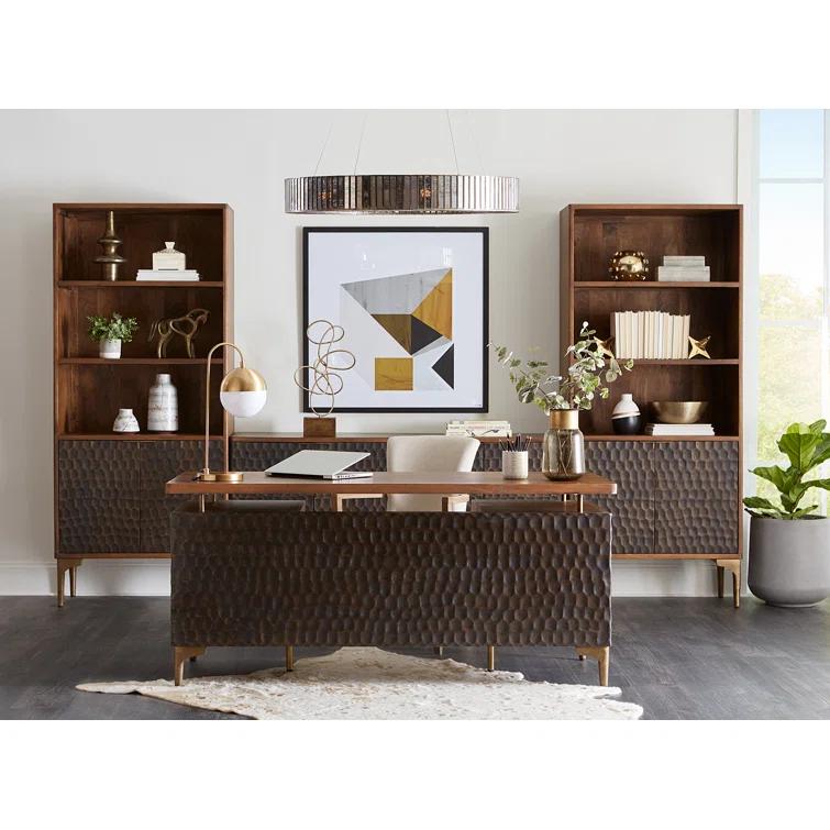 Raw Walnut Mango Wood Executive Desk with Circular Carved Accents
