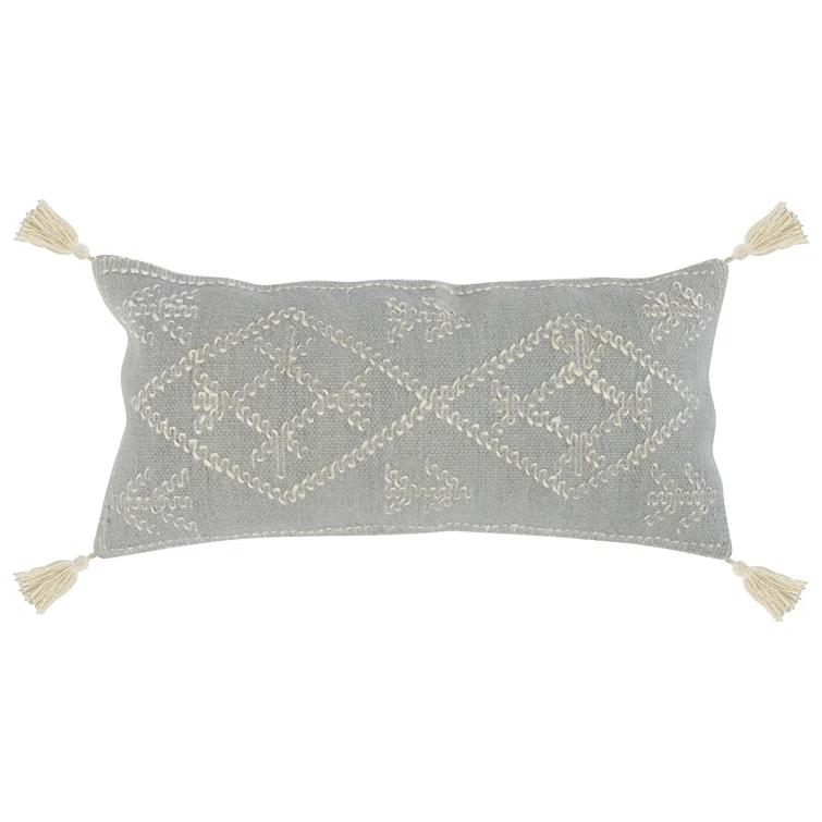 Gray and Ivory Rectangular Throw Pillow with Tassels