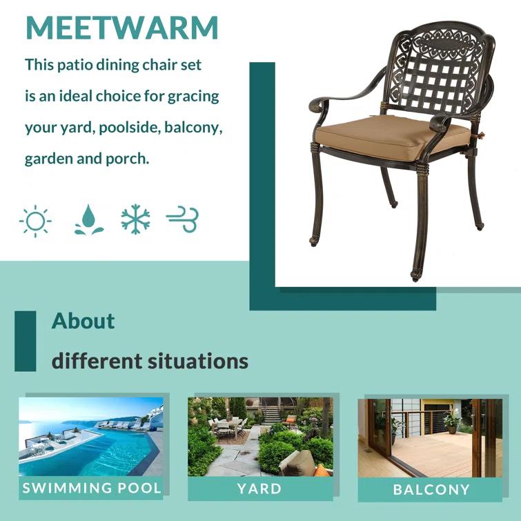 MEETWARM 2 Piece Patio Dining Chairs with Cushions, Outdoor All-Weather Cast Aluminum Chairs, Patio Bistro Dining Chair Set
