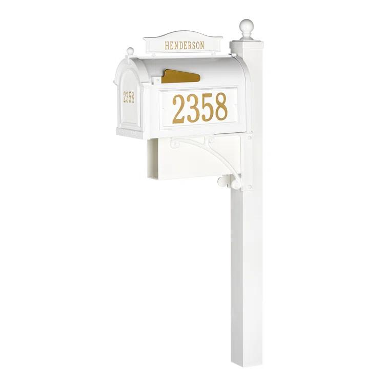 White Aluminum Lockable Post Mounted Mailbox with Personalized Plaques