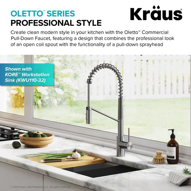KRAUS Oletto Commercial Style Single Handle Pull Down Kitchen Faucet with QuickDock Top Mount Installation Assembly