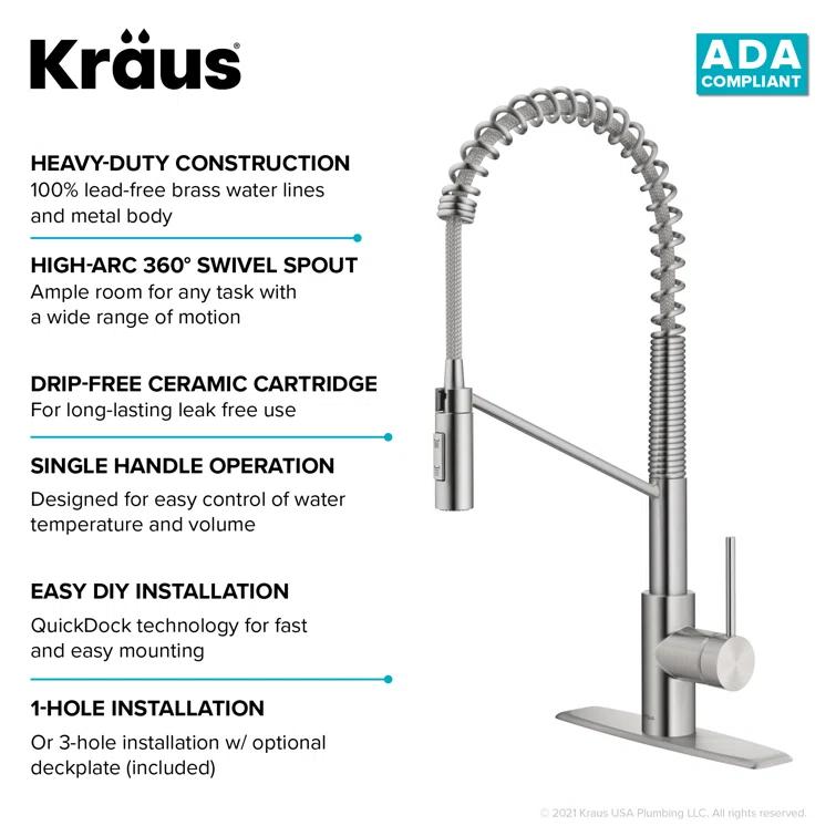KRAUS Oletto Commercial Style Single Handle Pull Down Kitchen Faucet with QuickDock Top Mount Installation Assembly