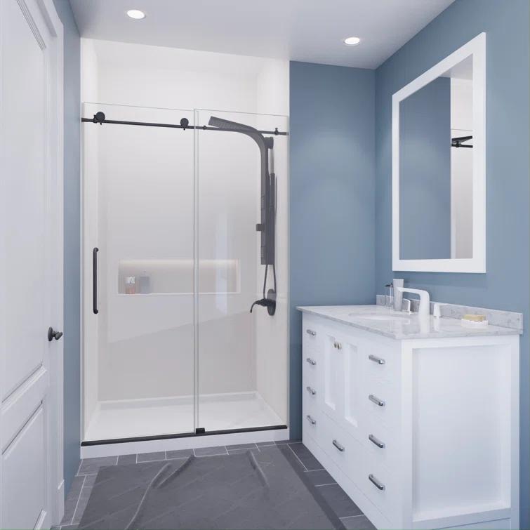 Madam Series 48 In. By 76 In. Frameless Sliding Shower Door In Gunmetal With Clear Tempered Glass And Tsunami Guard