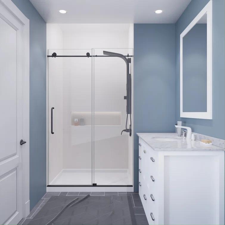 Madam Series 48 In. By 76 In. Frameless Sliding Shower Door In Gunmetal With Clear Tempered Glass And Tsunami Guard