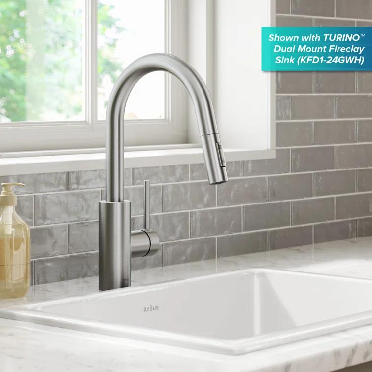 KRAUS Oletto Single Handle Pull Down Kitchen Faucet with QuickDock Top Mount Installation Assembly