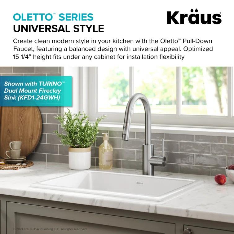 KRAUS Oletto Single Handle Pull Down Kitchen Faucet with QuickDock Top Mount Installation Assembly