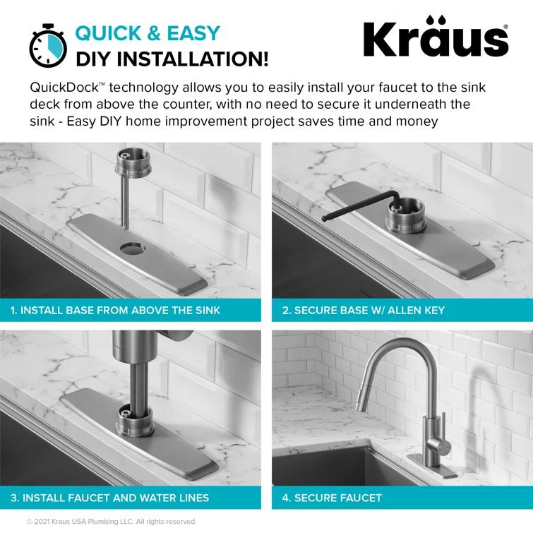 KRAUS Oletto Single Handle Pull Down Kitchen Faucet with QuickDock Top Mount Installation Assembly