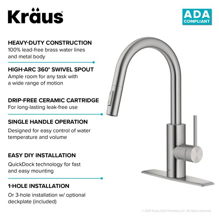 KRAUS Oletto Single Handle Pull Down Kitchen Faucet with QuickDock Top Mount Installation Assembly