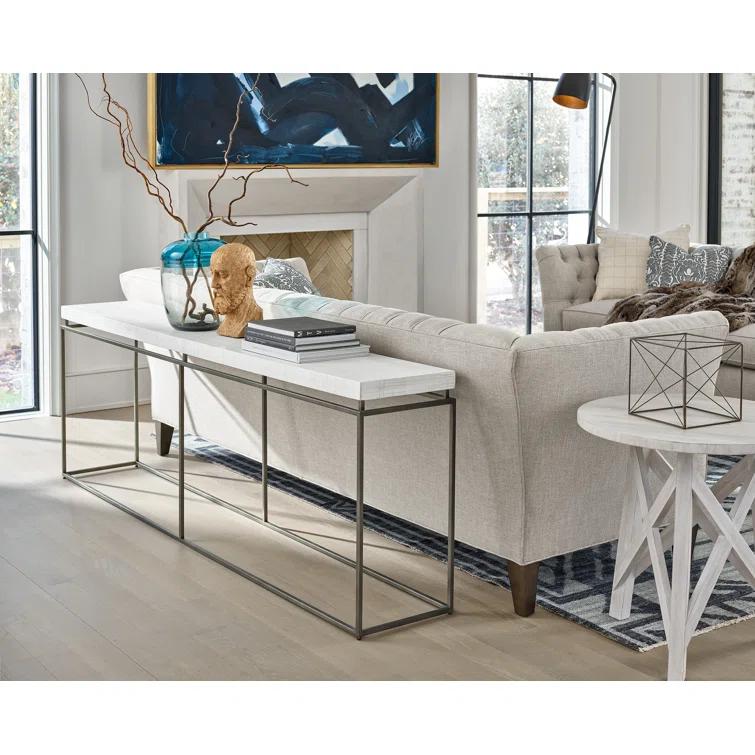 White Rectangular Metal and Wood Console Table with Storage